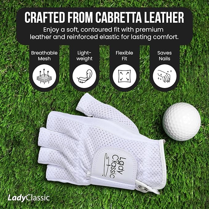 Mesh Half Golf Glove for Women – Premium Cabretta Leather Palm, Breathable Mesh - Image 2