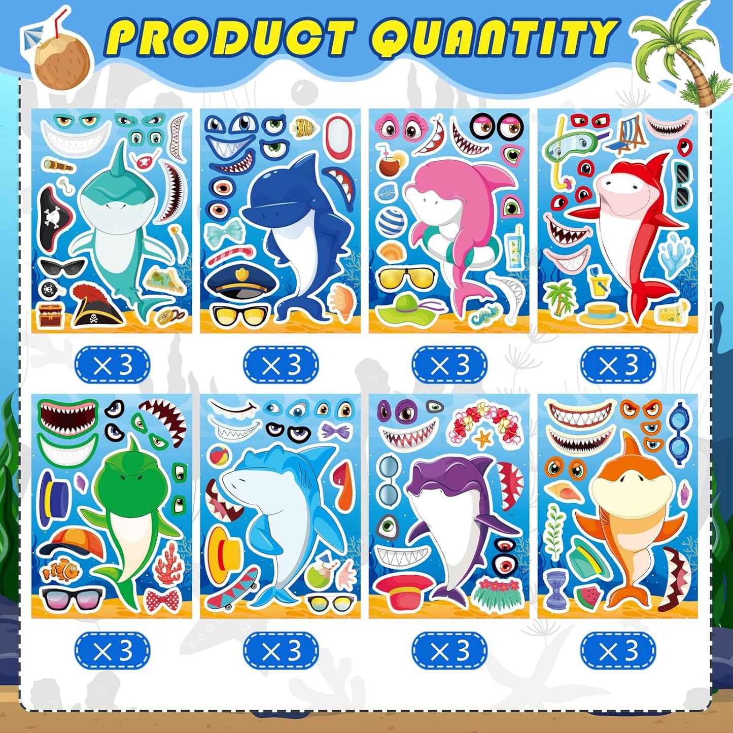 24 Sheets Make Your Own Shark Stickers for Kids Toddlers, Sea Ocean Animals Birthday Party Favors Activities