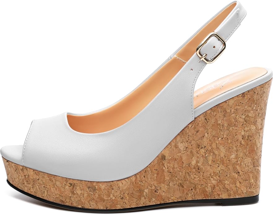 Womens Peep Toe Wedge Heels Matte Fashion Cork Slingback Pumps Platform Wedge - Image 2
