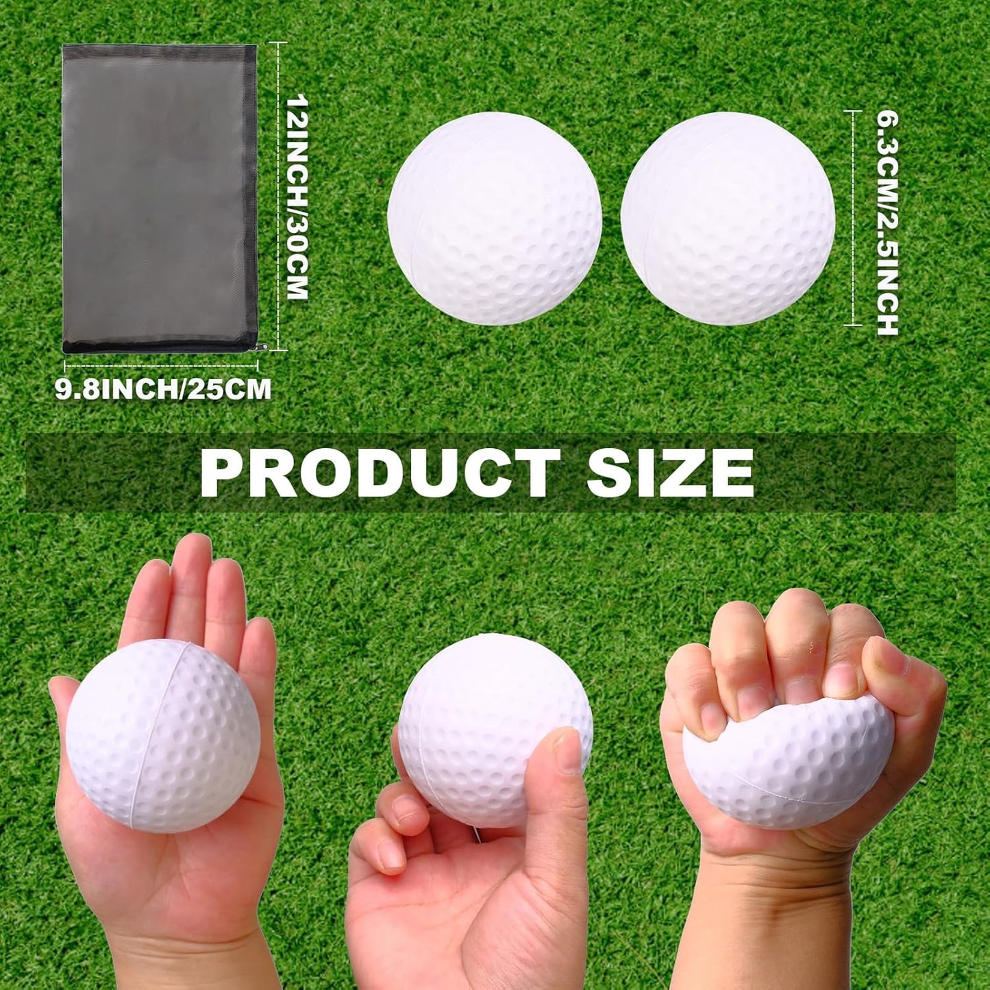 24 Pcs Mini Golf Stress Ball Bulk 2.5 Inch Foam Practice Balls for Stress Relief with 2 Black Mesh Storage Bags Sports Party Favors for Birthday School Carnival Gift