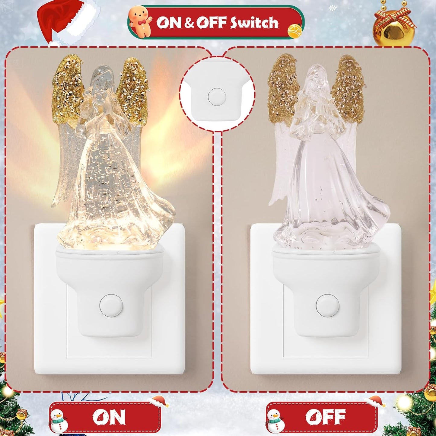 2 Pack Christmas Angel Night Light Plug into Wall Glitter Water Nightlight with USB/Outlet Options, Christmas Decorative Nightlight for Bedroom Kitchen Nursery Holiday Decorations Gifts (Angel)