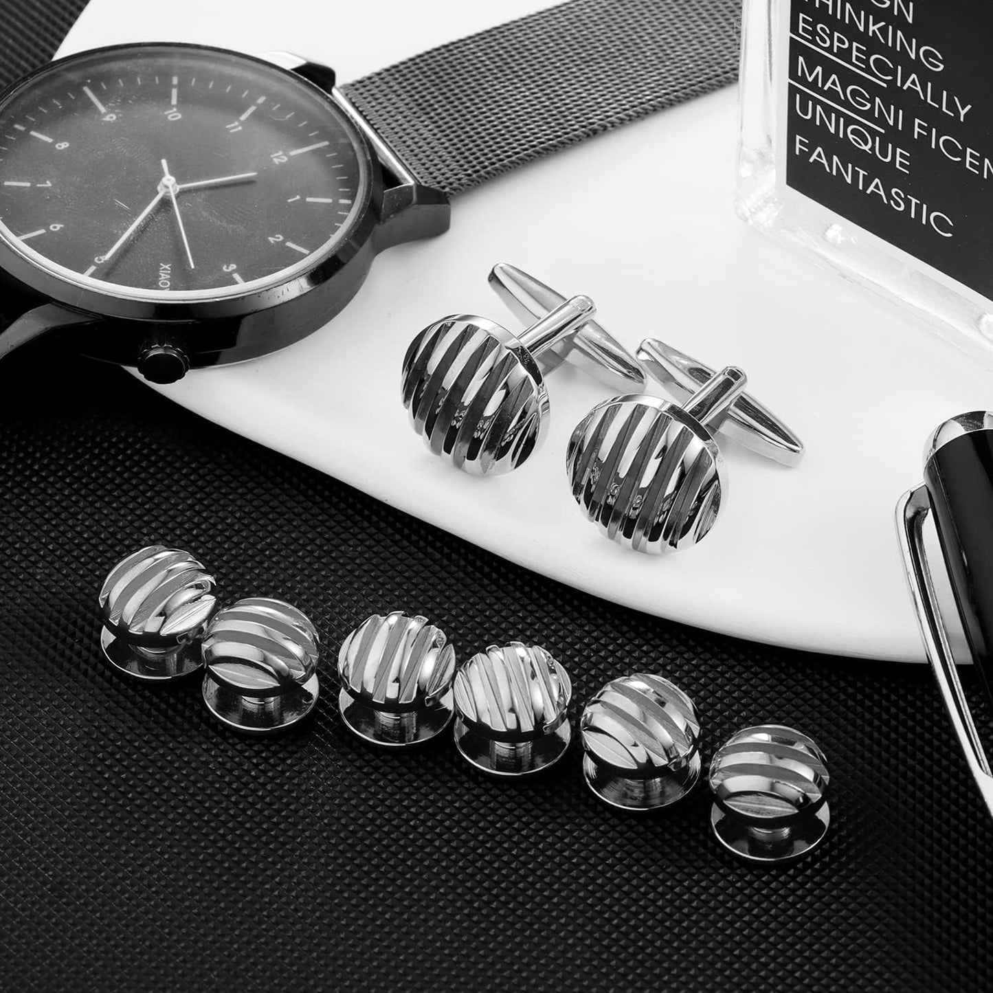 HAWSON Cufflinks and Studs for Men-Fashion Men Vintage Enamel Carbon Fiber Tuxedo Shirt Cufflinks and Studs Set for Regular Wedding Business Accessories