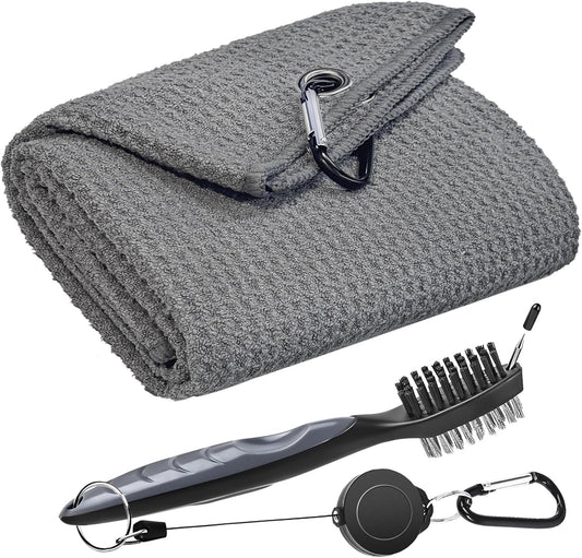 Golf Club Cleaning Kit – Microfiber Textured Towel 16"x24", Dual-Sided Brush with Steel & PP Bristles, Clip-On Design – Fits Golf Bags for Course or Practice