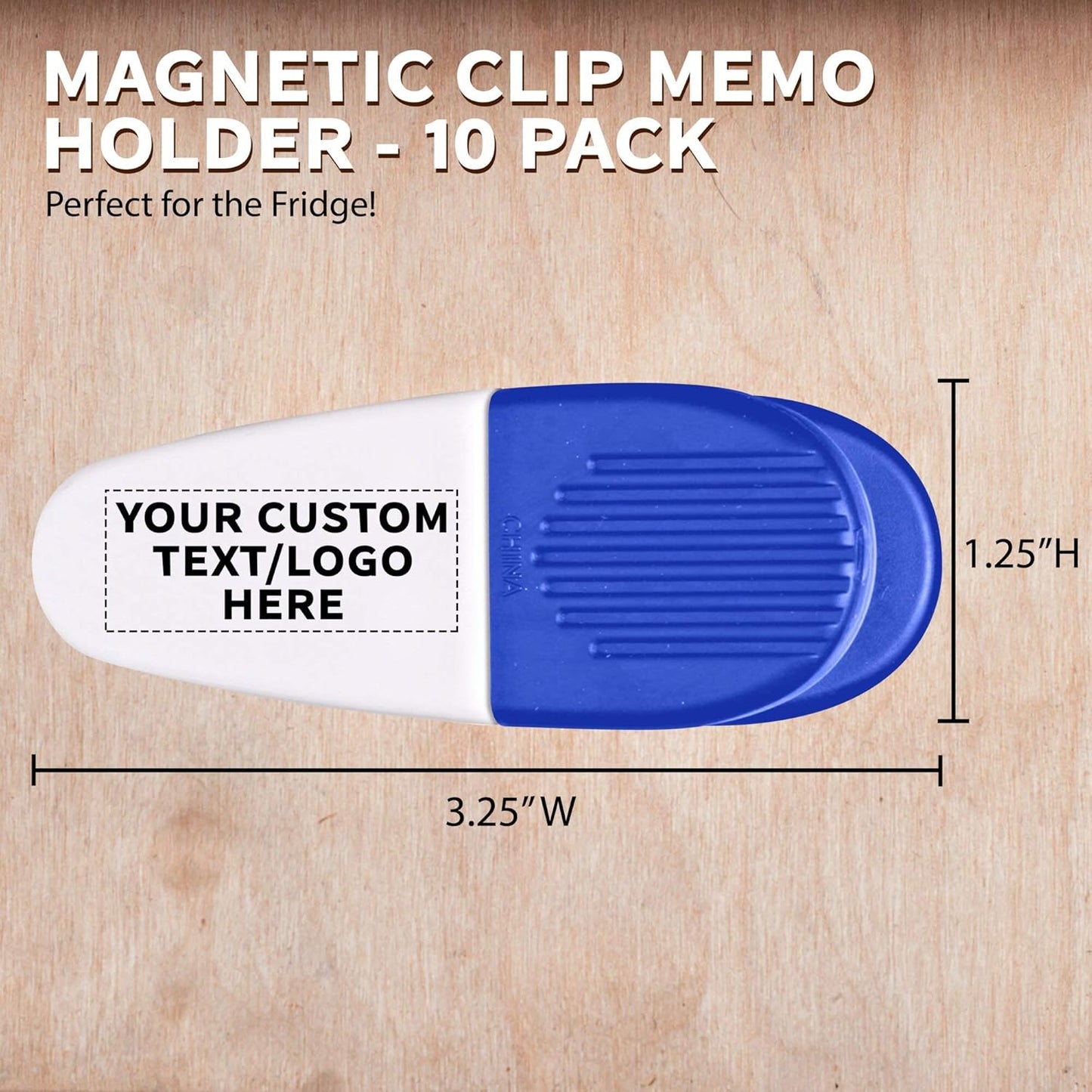 10 Magnetic Memo Holders Set - Customizable Text, Logo - Large Clip, Plastic - White Blue