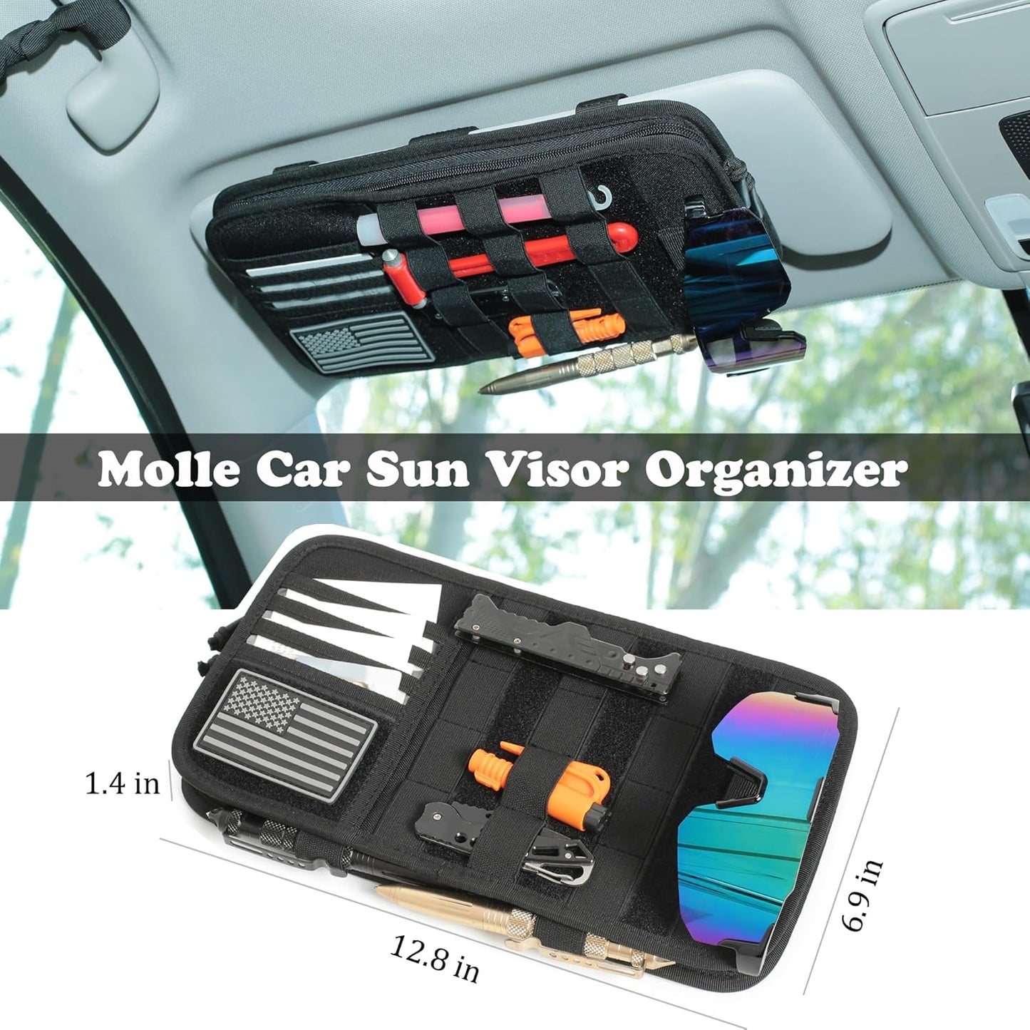 Heavy Duty Molle Car Sun Visor Organizer - Tactical Car Accessories with Zipper Visor Storage Pouch,Glasses Clip and Card Sleeve Pocket, Multi-Pocket Visor Organizer Storage Pouch for Cars SUVs Trucks