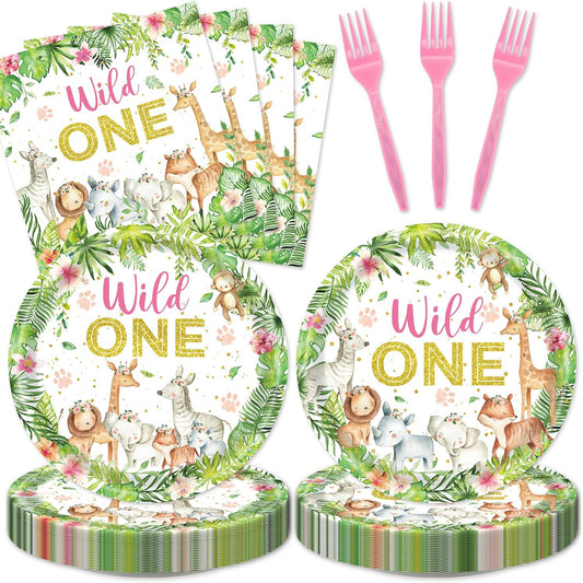 48Pcs Wild One Birthday Decorations Disposable Safari Animals Baby Shower Plates Napkins Forks Supplies for Boy Wild One Birthday Decorations Girl