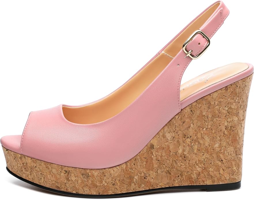 Womens Peep Toe Wedge Heels Matte Fashion Cork Slingback Pumps Platform Wedge - Image 2