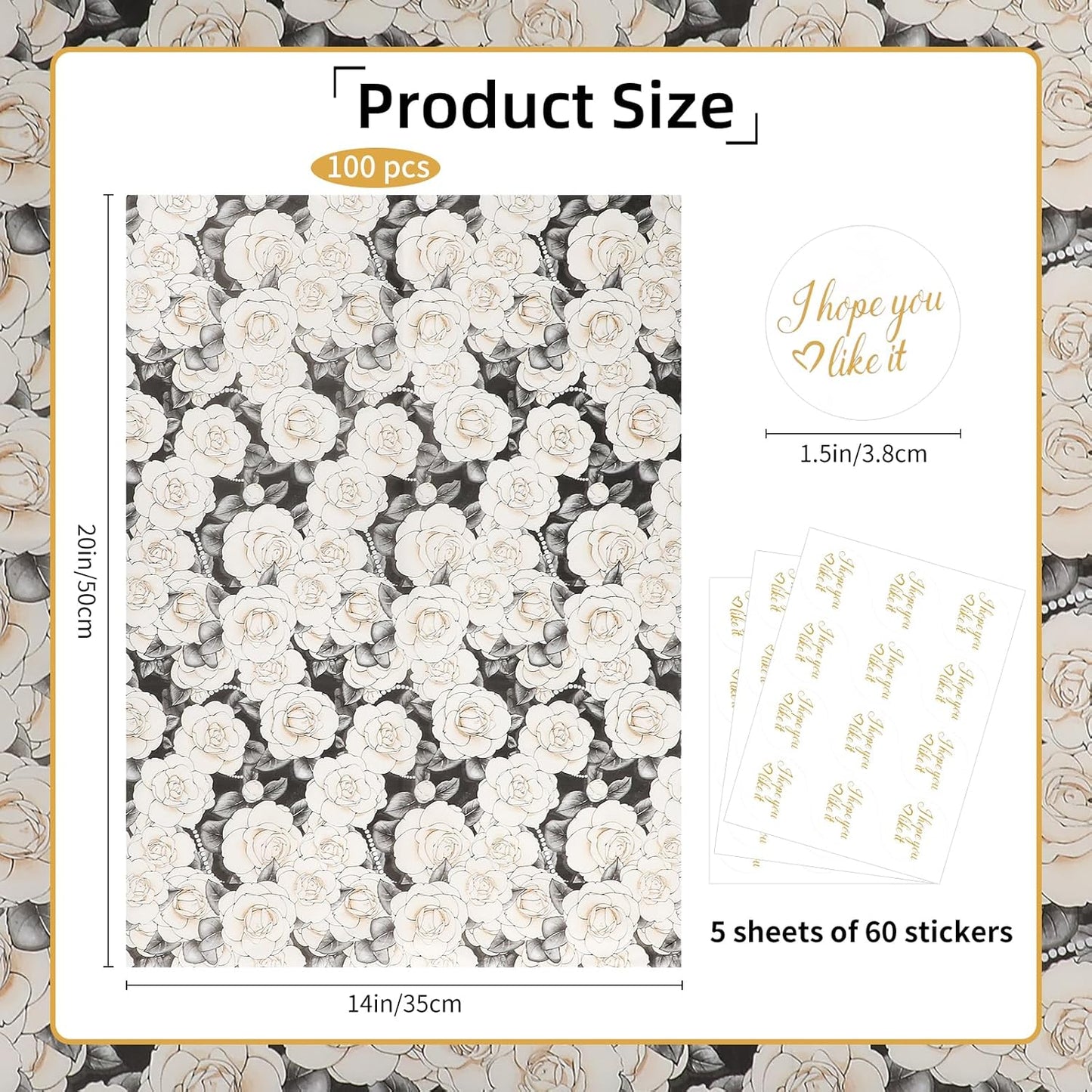 100 Sheets Camellia Flower Tissue Paper with Stickers,20x14 Inch Floral Gift Wrapping Paper for Birthday, Wedding, Baby Shower, Bridal Shower, DIY Crafts and Party Favors