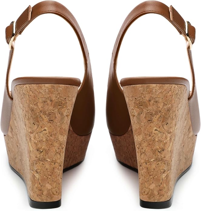 Womens Peep Toe Wedge Heels Matte Fashion Cork Slingback Pumps Platform Wedge - Image 4