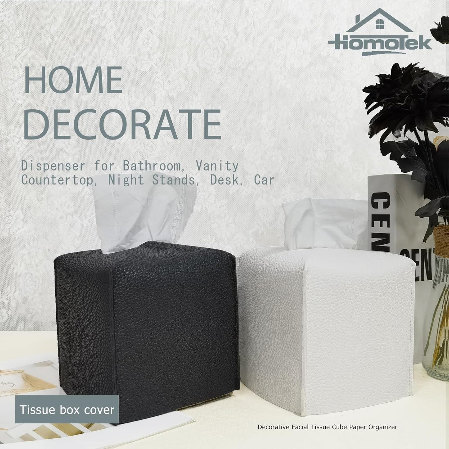 HOMOTEK 2 Pack Tissue Box Cover, Square PU Leather Tissue Holder, Decorative Facial Tissue Cube Paper Organizer Dispenser for Bathroom, Night Stands, Desk, Car 5X5X5'' - Matte Black, Pebble Grain