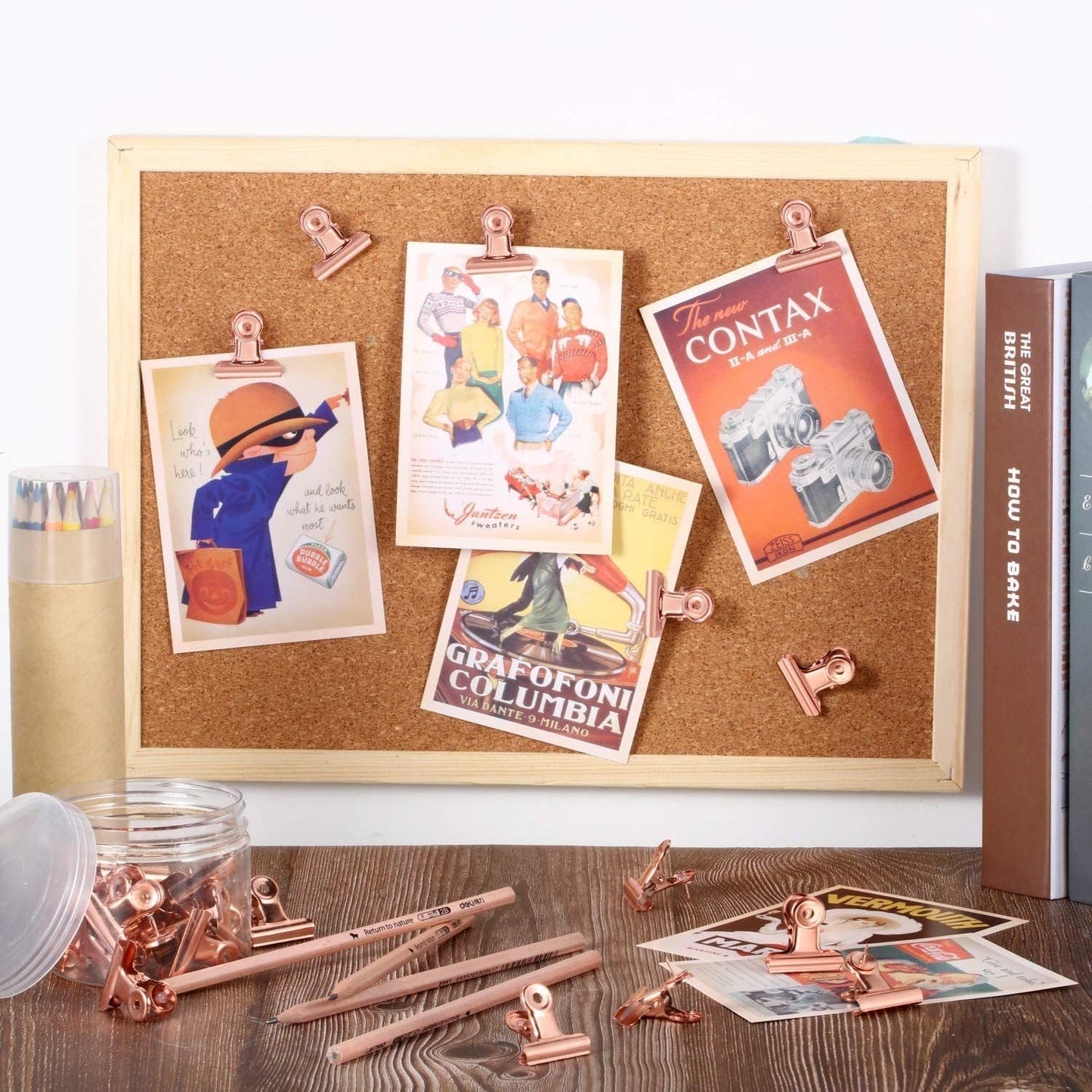 12 Pack Bulldog Clips with Push-pins for Corkboard,Metal Clips for Crafts, Metal Binder Clips for Pictures, Spring Paper Clamps for Office Documents (Rose Gold,1.5inch)