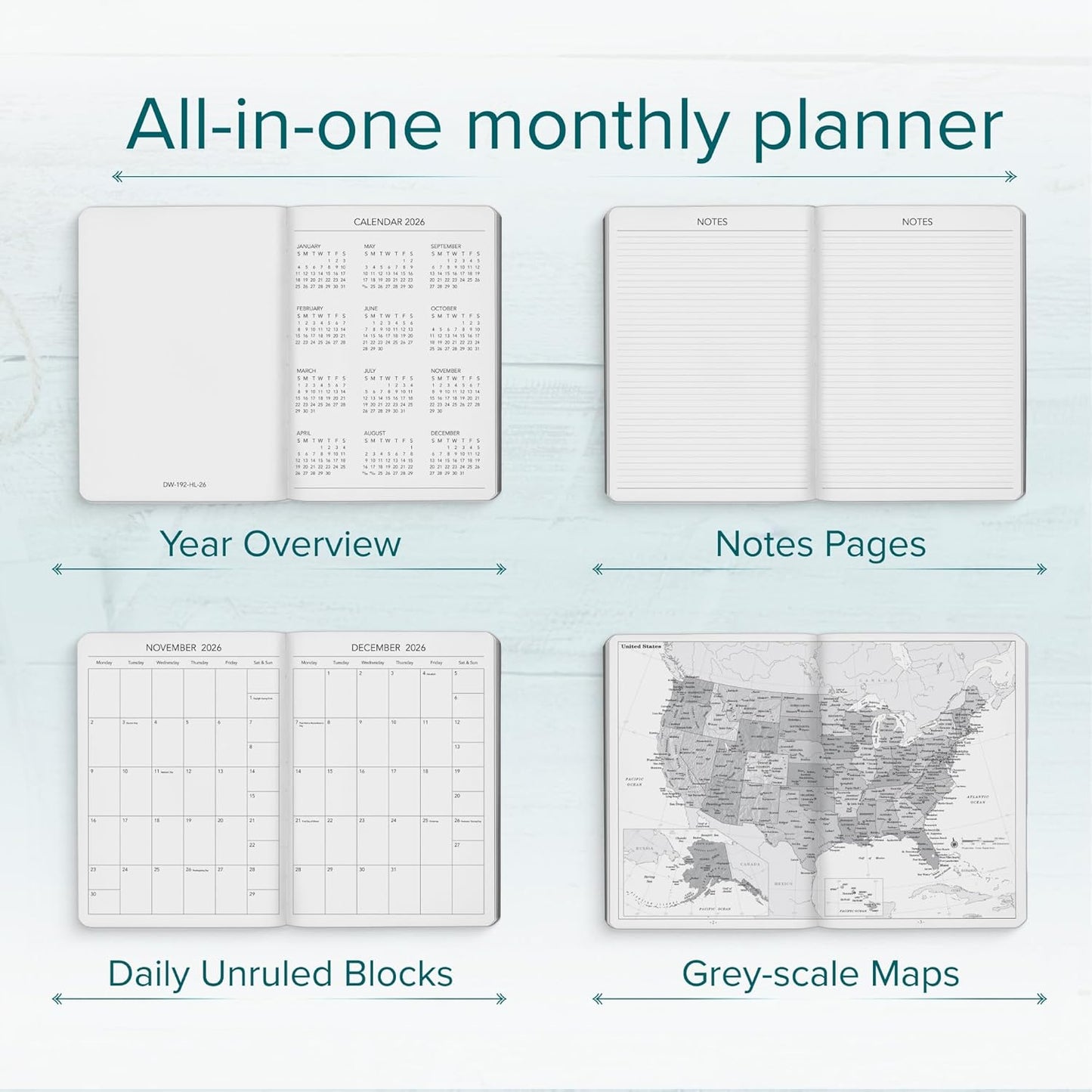 Harbor Desk Weekly Monthly Planner 2025-2026 - Calendar Planner and Notebook, Durable Faux Leather, 192 Pages, Softcover & Book Bound - Cambridge Jade - 8x5.5"