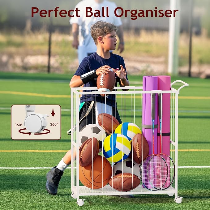 Ball Storage Bin Rolling Sports Ball Cart, Metal Garage Organizer Sport Rack - Image 6