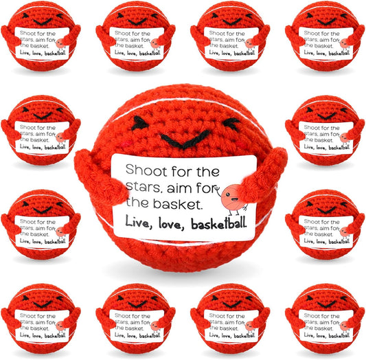 12pcs Christmas Basketball Gifts Bulk Handmade Crochet Basketballs Small with Positive Cards for Team Coach Coworker Friend Birthday Holiday Party Favors Home Decor Supplies