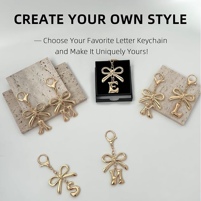 Gold Bubble Heart, Bow & More Designs Letter Initial Keychain Bag Charms – Cute - Image 6