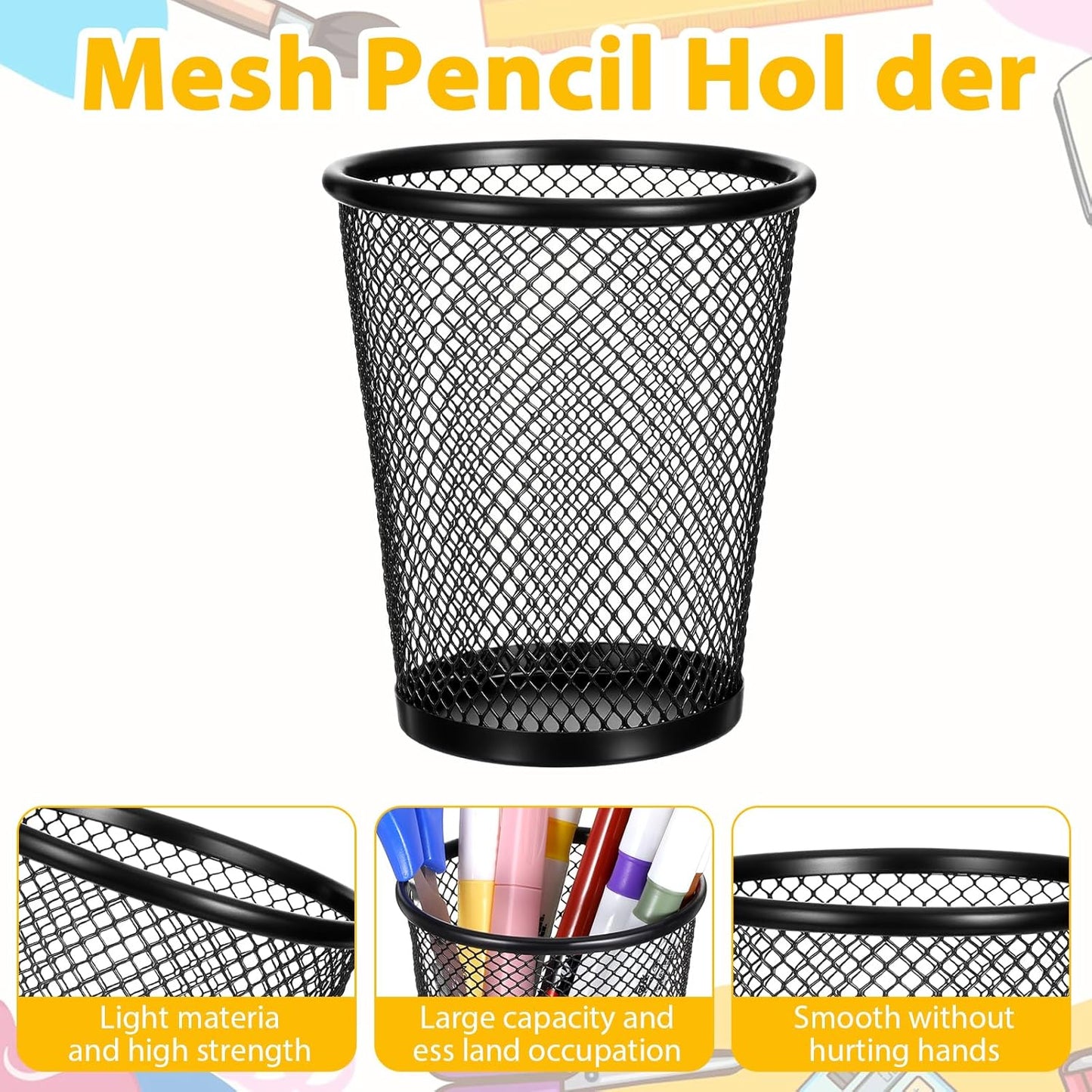 24 Pack Mesh Pen Holders, Bulk Metal Desk Organizer Pencil Cups, Round Premium Black Pencil Holders with Open Mesh Design for Home, Office Supplies, Makeup Brushes