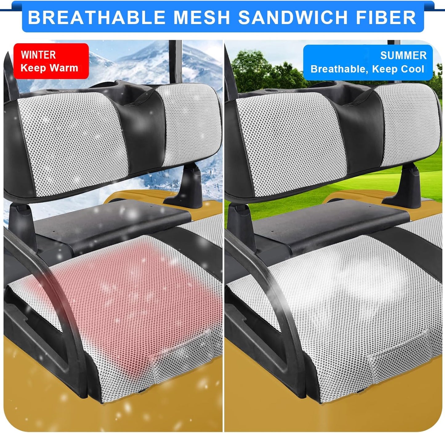 iLSKW Golf Cart Seat Covers for EZGO RXV Seat Cover OEM Front,Breathable Fabric and Leather Front Seat Cover Like Gloves,Full Wrap-Around Design of EZGO RXV Golf Cart Front Seat Cover