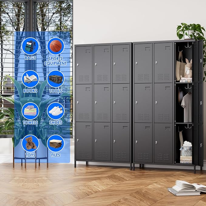 METAN Metal Locker for School Office Gym Bedroom, 9 Doors Black Steel Storage - Image 5