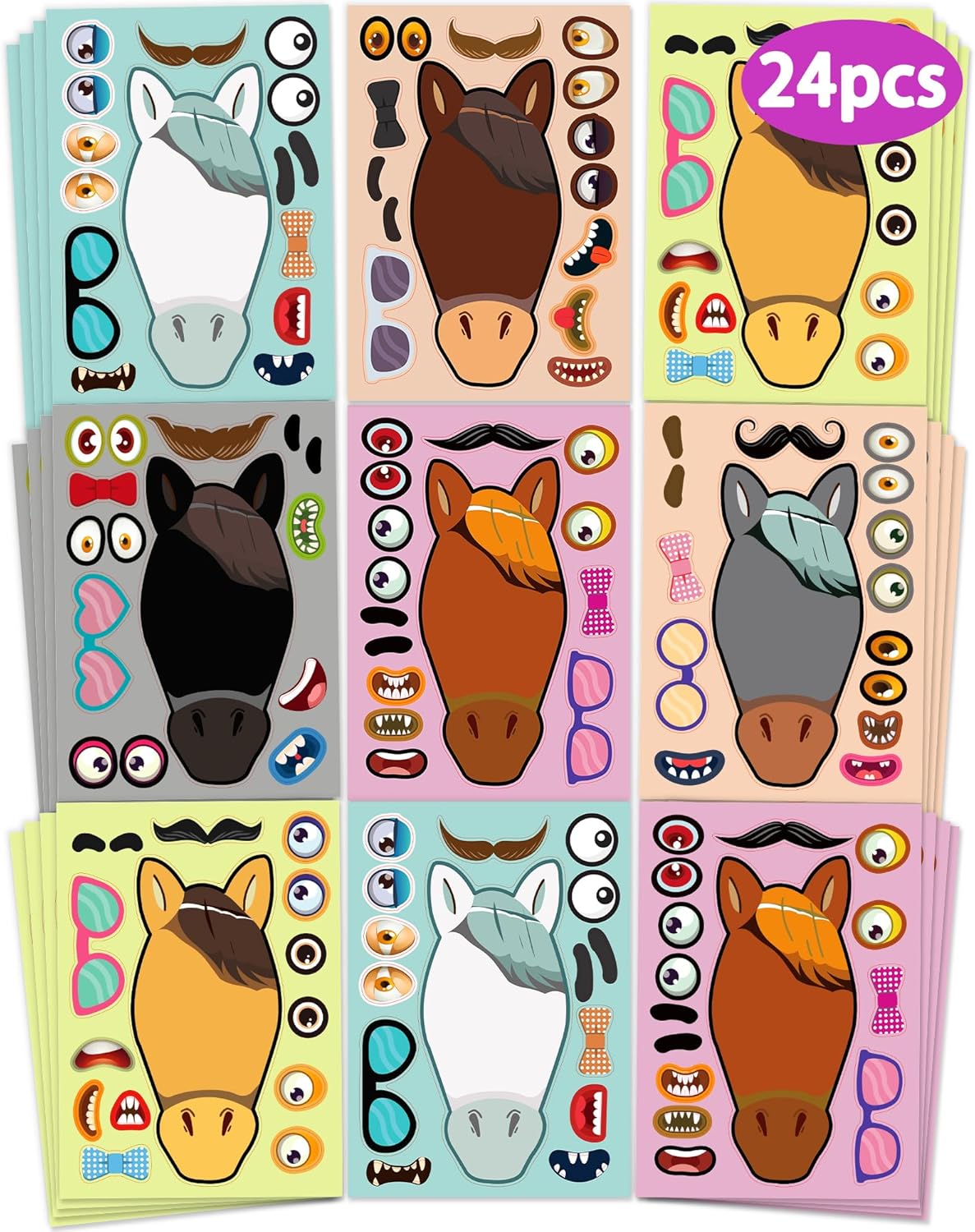 24 Pcs Make Your Own Horse Sticker Sheets for Kids with Horse Face Stickers for Kids Crafts Activities Gift Bag Stuffers for Birthday Party Favors Supplies