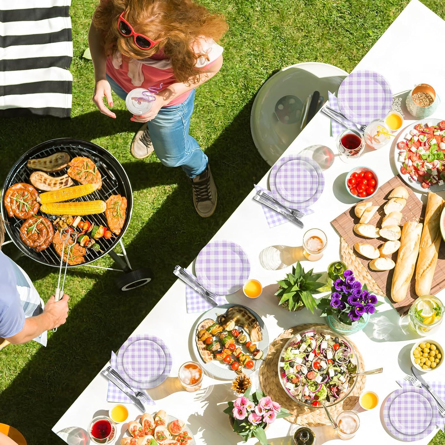 180Pcs Purple Gingham Party Supplies Paper Plates and Napkins Serve 60 Disposable Tableware Set for Birthday Party Decorations Game Day Family School Holiday Sports Events