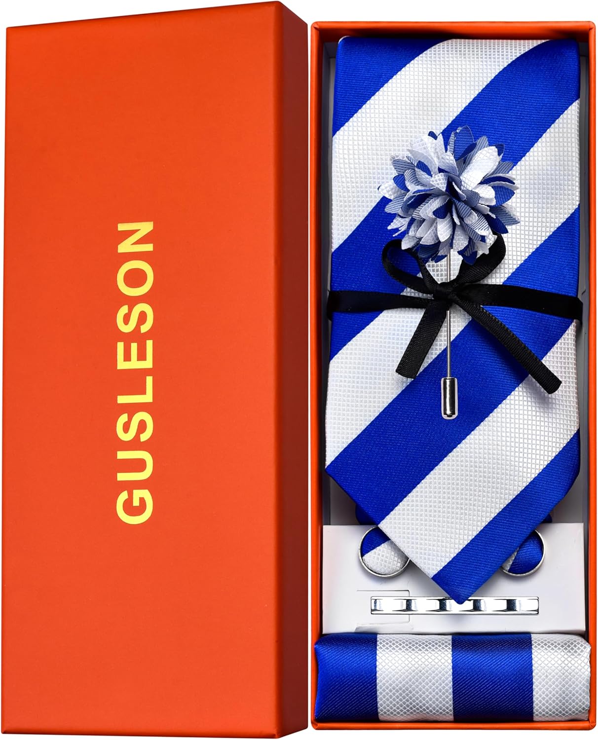 GUSLESON Tie Set for Men Necktie and Pocket Square,Tie Clip,Cufflinks, Lapel Pin Sets with Gift Box 5PCS