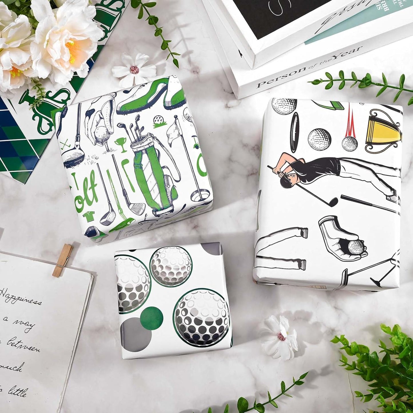 12 Sheets Golf Wrapping Paper Golf Clubs Balls Green Argyle Pattern Sports Gift Wrap Paper for Golf Theme Birthday Party Supplies, 20" x 28"