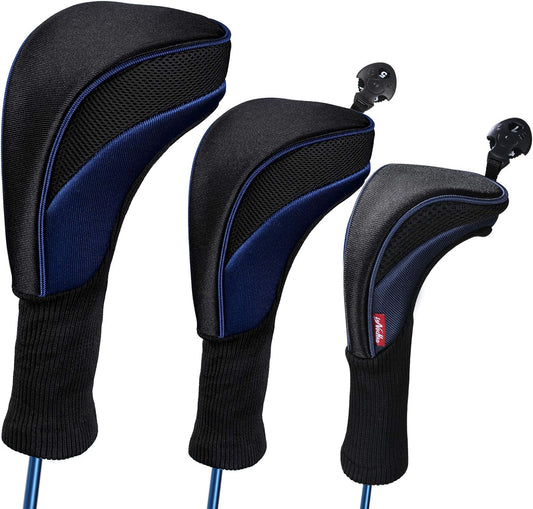 Black Golf Club Head Cover for Driver Fairway 3 Pcs Woods Headcovers, Golf Accessories Hybrid Head Covers Set with Interchangeable Tags 3 4 5 7 X