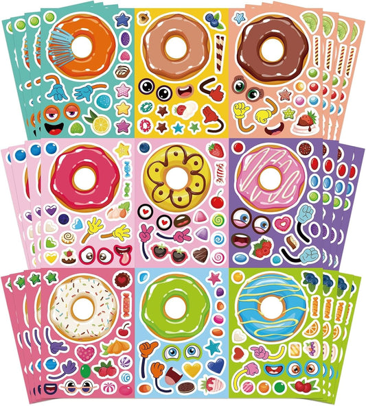 36 Sheets Make a Face Donut Stickers - Make Your Own Dessert Stickers for Kids with Mix and Match Sweets & Treats, Fruit Designs for Fun DIY Crafts, Donut Themed Birthday Gifts Party Favors