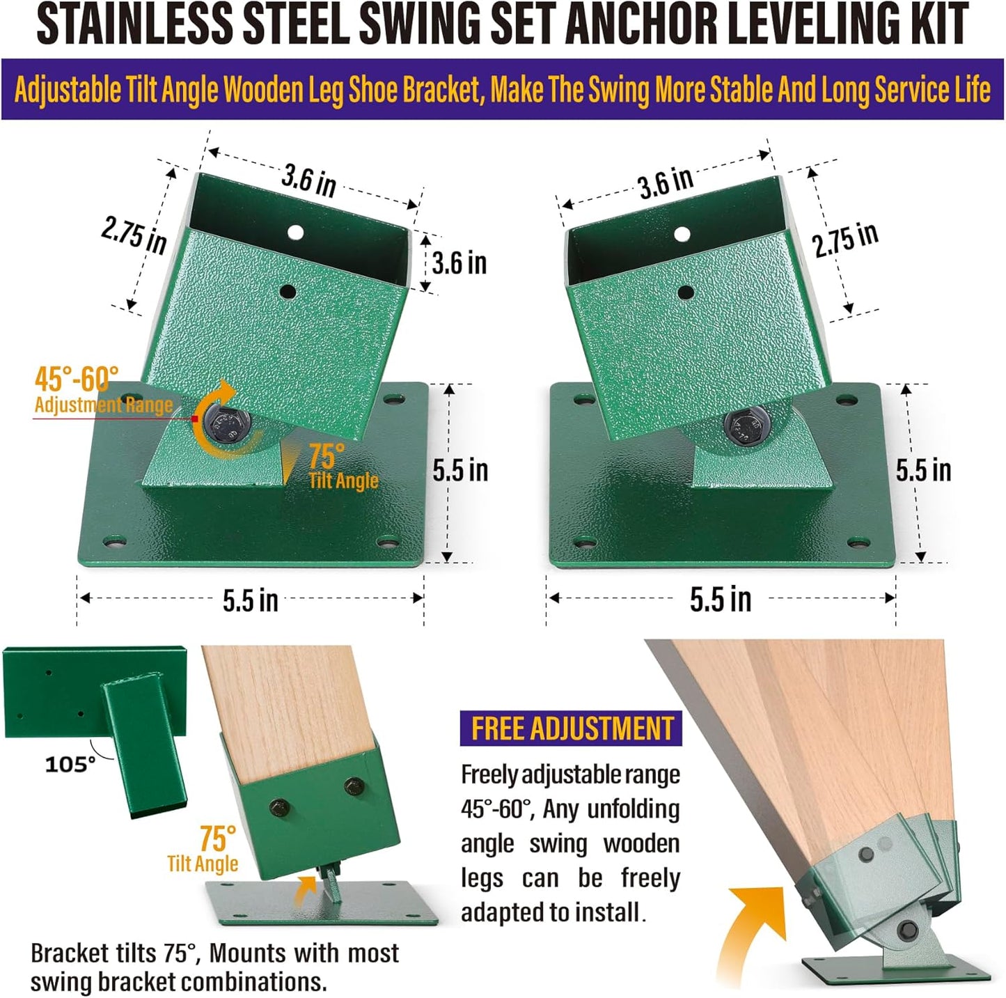 Hulave Stainless Steel Swing Bracket Kit, 4-Pack Swing Set Anchor Leveling Kit Bracket 4"x4"+2pcs A Frame Swing Set Brackets with Mounting Accessories(Green)