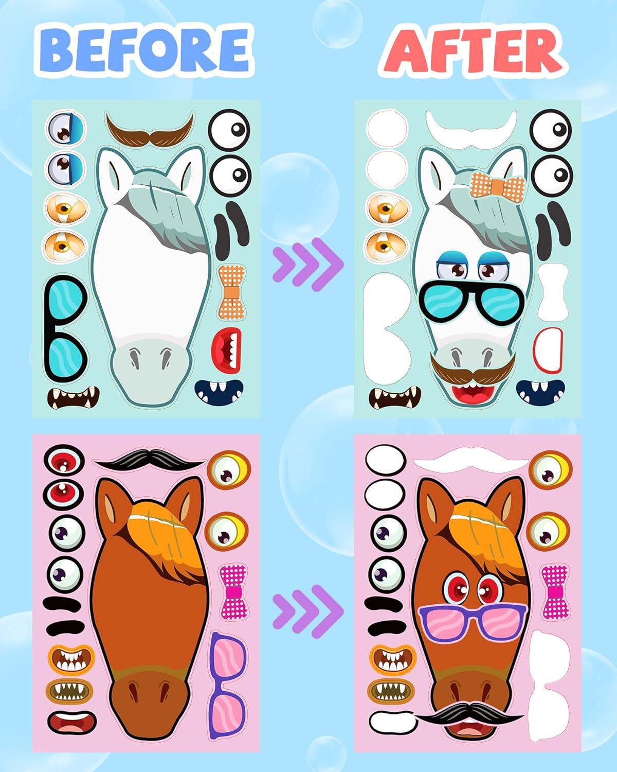 24 Pcs Make Your Own Horse Sticker Sheets for Kids with Horse Face Stickers for Kids Crafts Activities Gift Bag Stuffers for Birthday Party Favors Supplies