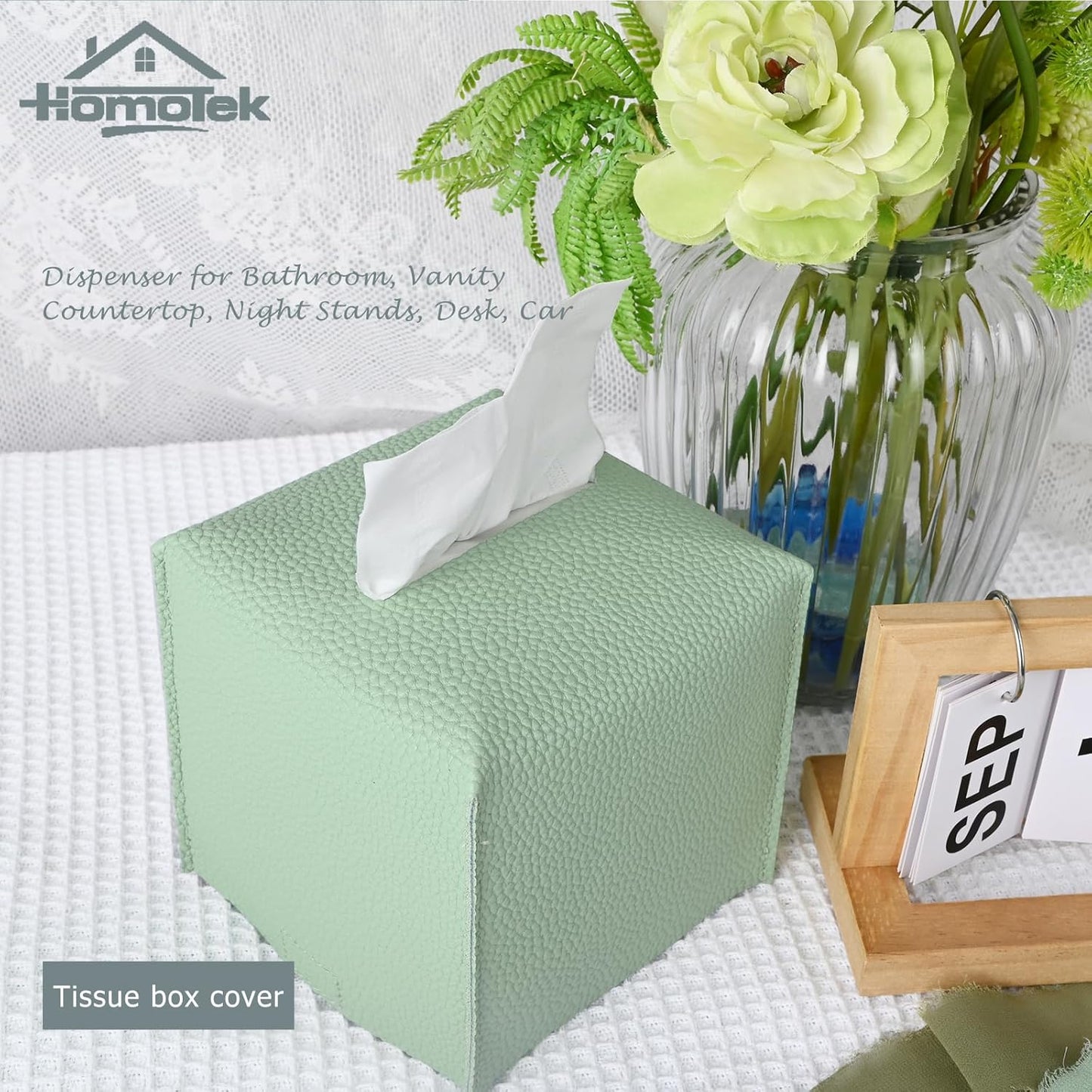 HOMOTEK 2 Pack Tissue Box Cover, Square PU Leather Tissue Holder, Decorative Facial Tissue Cube Paper Organizer Dispenser for Bathroom, Night Stands, Desk, Car 5X5X5'' - Mint Green, Pebble Grain
