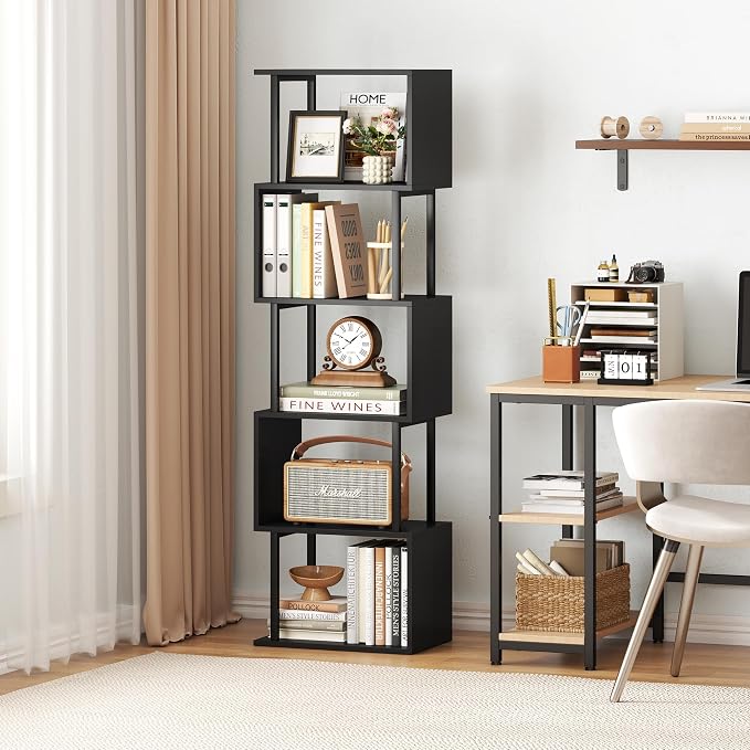 Yusong Bookshelf 5-Tier, Geometric Bookcase S Shaped Book Shelves - Image 4