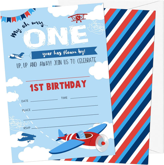 1st Birthday Invitations, 20 Invitation Cards with Envelopes, Airplane Invites for Party Decorations Favor Supplies - A20
