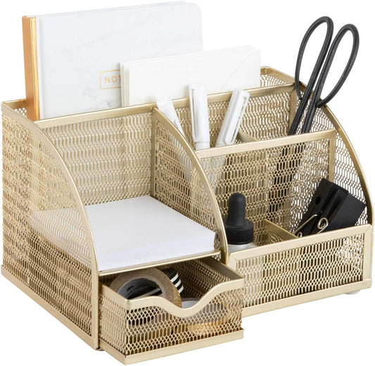 BLU MONACO Gold Desk Organizer with Drawer – Small Desk Caddy & Accessories, Pencil Holder for Office Supplies & Accessories