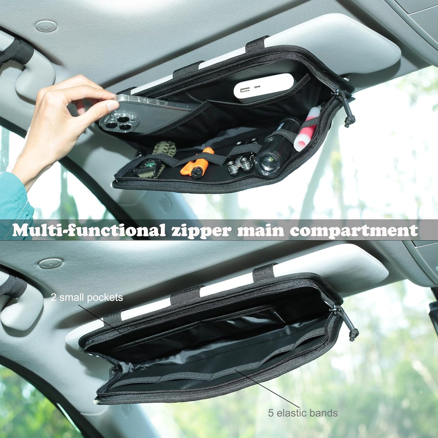 Heavy Duty Molle Car Sun Visor Organizer - Tactical Car Accessories with Zipper Visor Storage Pouch,Glasses Clip and Card Sleeve Pocket, Multi-Pocket Visor Organizer Storage Pouch for Cars SUVs Trucks