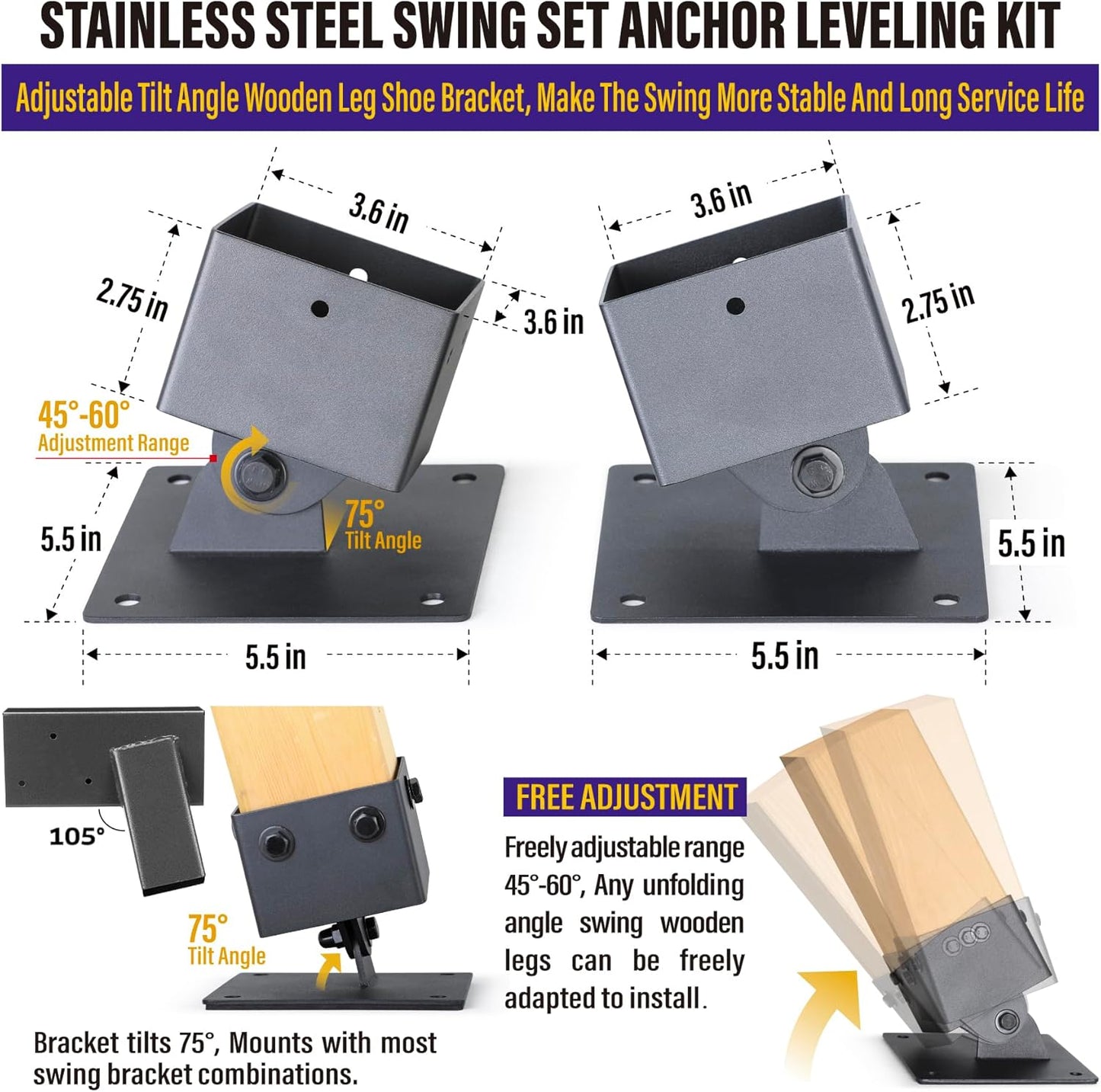 Hulave Stainless Steel Swing Bracket Kit, 4-Pack Swing Set Anchor Leveling Kit Bracket 4"x4"+2pcs A Frame Swing Set Brackets with Mounting Accessories(Black)