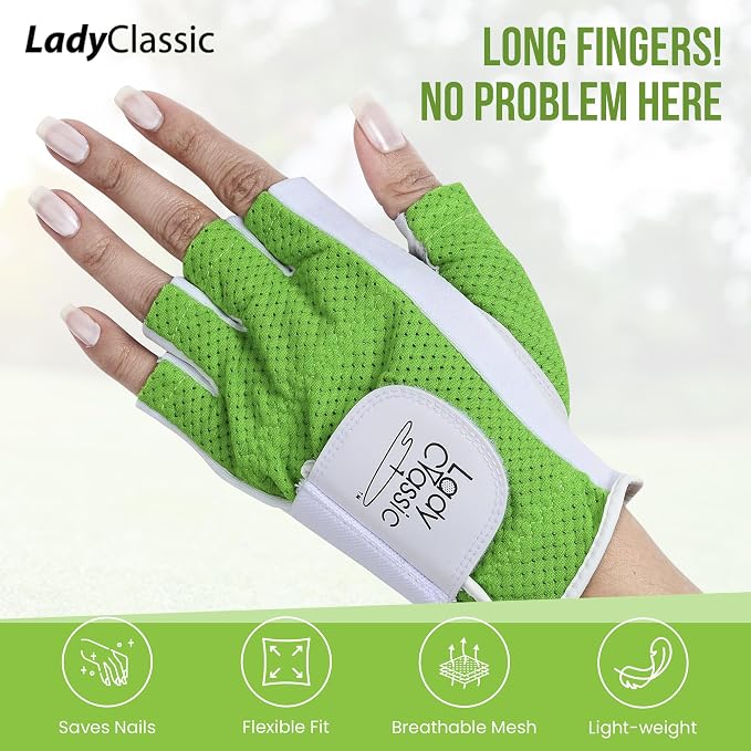 Mesh Half Golf Glove for Women – Premium Cabretta Leather Palm, Breathable Mesh - Image 2