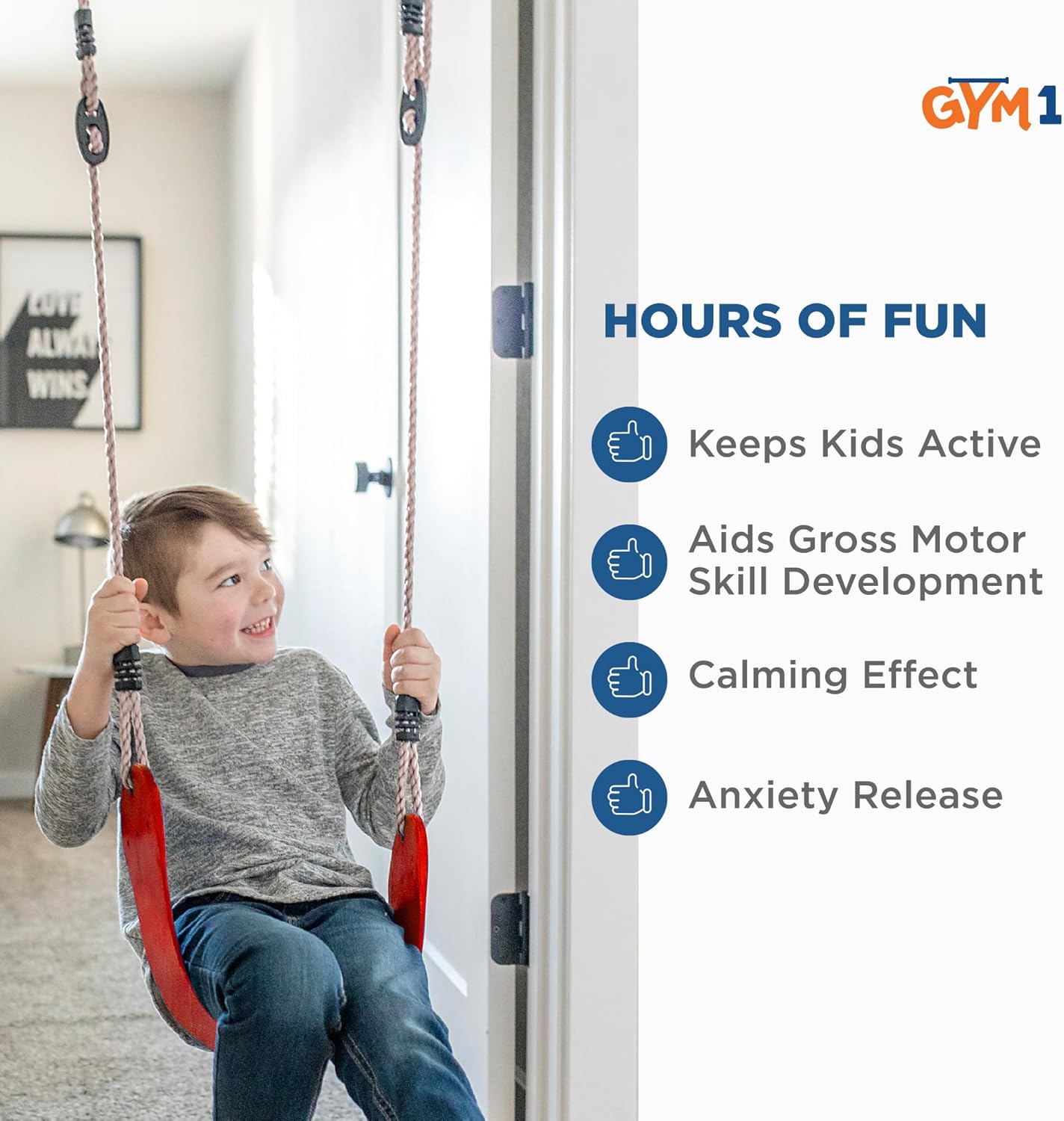 Gym1 Doorway Indoor Swing & Pull-Up Bar Set - Sensory Swing with Rope Ladder - Built-in Pull-Up Bar for Kids Workout Equipment - Easy No-Drill Mount for Indoor Playset - 2-Piece, Red