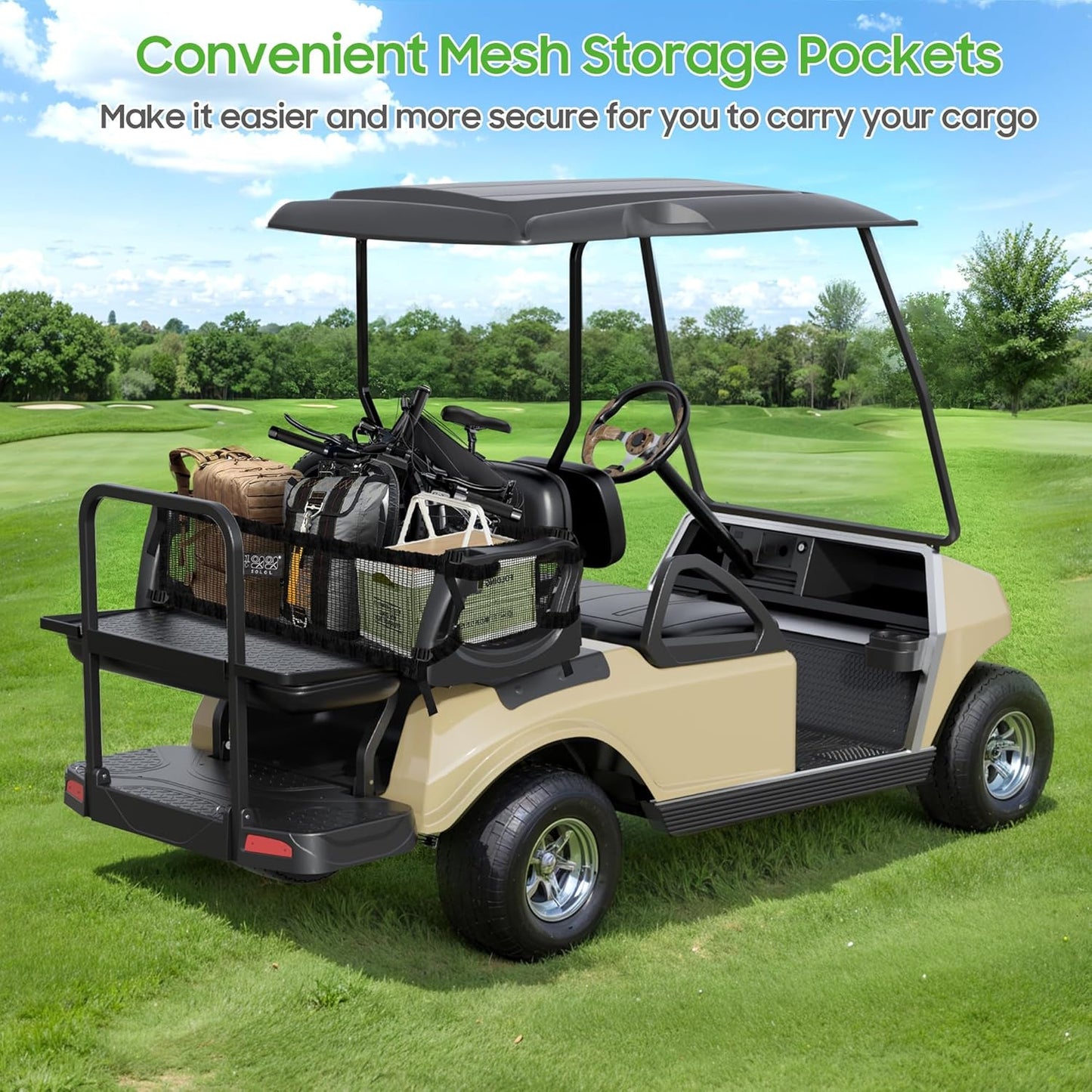 10L0L Golf Cart Rear Flip Seat Kit for Club Car DS Gas & Electric, Deluxe Flip Folding Back Seat Kit with Widened Grab Bar, Black Leather Cushions, Cargo Net