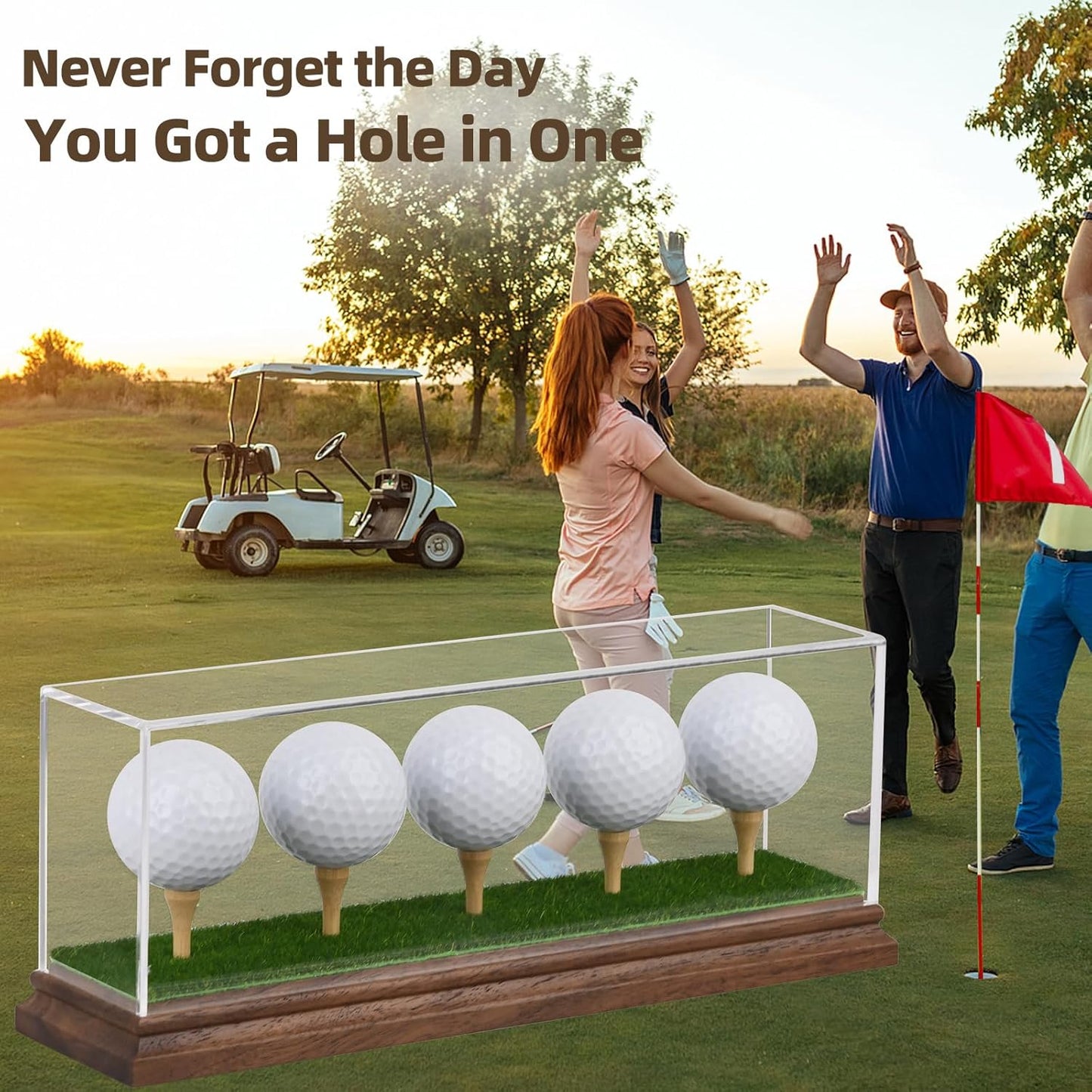 Hole in One Golf Ball Display Case Golf Ball Display Case Holder for 5 Golf Balls Wanult Wood Base Acrylic Golf Ball Holder Stand Lifelike Turf Wood Tee Memorabilia Showcase Cube Box Stand Gift Decor