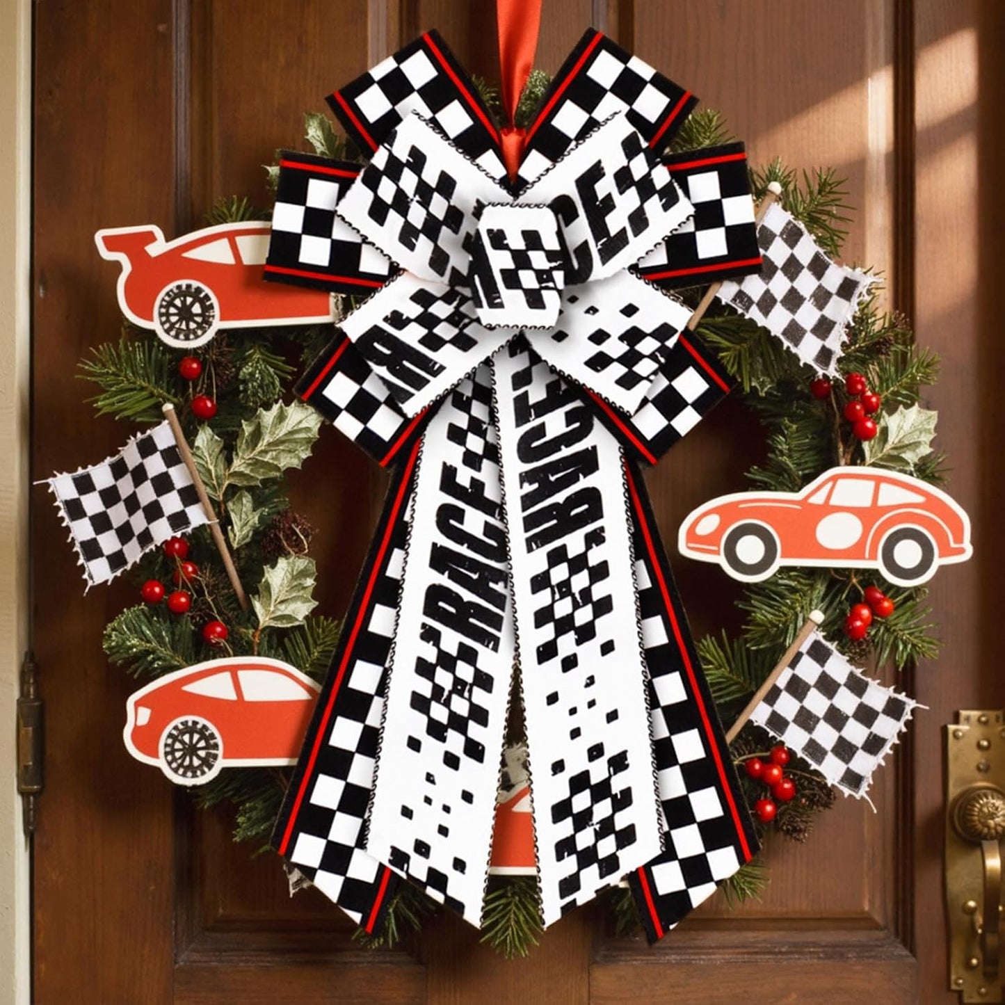 2 Rolls 2.5 Inch X 10 Yards Racing Car Theme Printed Ribbon for Crafts Wrapping Wreath Bows Black and White Checkered Flag Ribbon for Sport Team Birthday Party Home Decoration