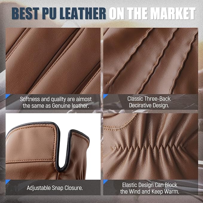 Winter Leather Gloves for Men, Touchscreen Snow Driving Gloves - Image 4