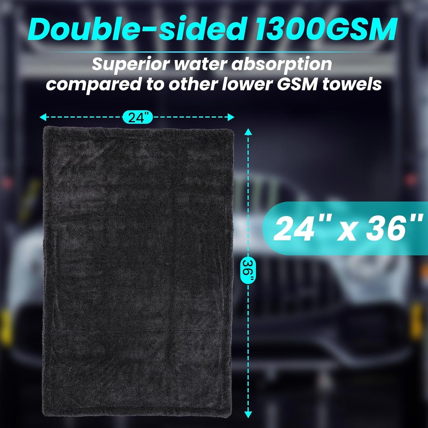 2 Pack 1300 GSM Car Drying Towel,Double-Sided Microfiber Towels for Cars(36" x 24"),Extra Large Ultra Absorbent,Without Residual Lint,Scratches or Water Spots