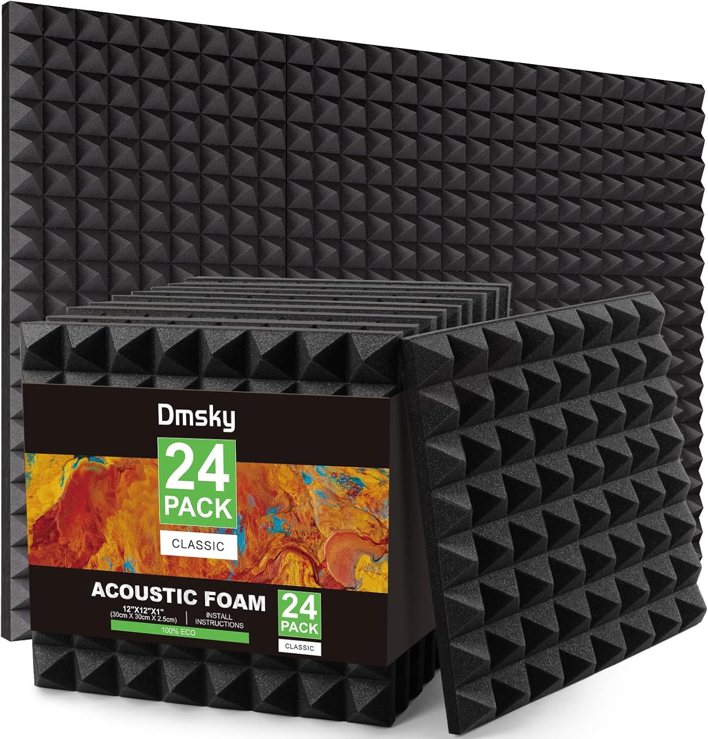 24 Pack Sound Proof Foam Panels Studio Acoustic Foam Panels,1" X 12" X 12"Soundproof Wall Panels,Fire-Proofed Pyramid Soundproofing Wedges,Acoustic Treatment Foam for Home -Black
