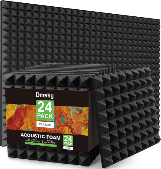 24 Pack Sound Proof Foam Panels Studio Acoustic Foam Panels,1" X 12" X 12"Soundproof Wall Panels,Fire-Proofed Pyramid Soundproofing Wedges,Acoustic Treatment Foam for Home -Black