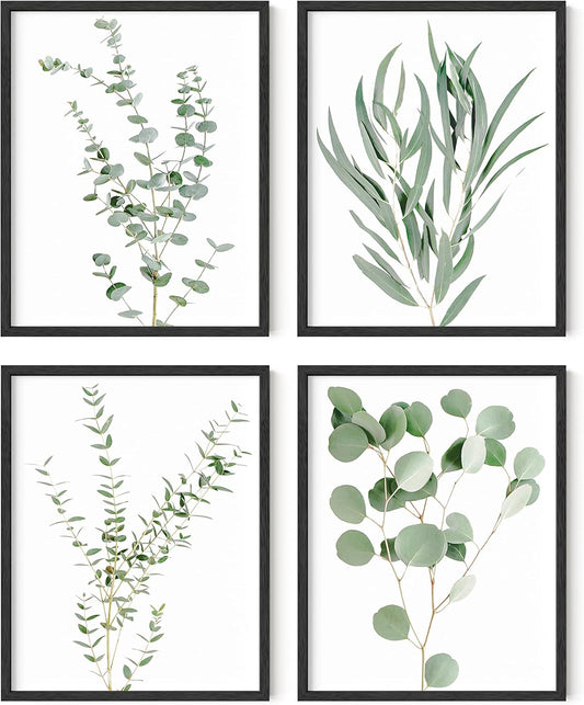 HAUS AND HUES Botanical Plant Wall Art Prints - Set of 4 Plant Wall Decor Prints Floral Kitchen Flower Leaves Wall Art Boho Leaf Eucalyptus Wall Decor Green Botanical Poster Set (11x14, Black Framed)