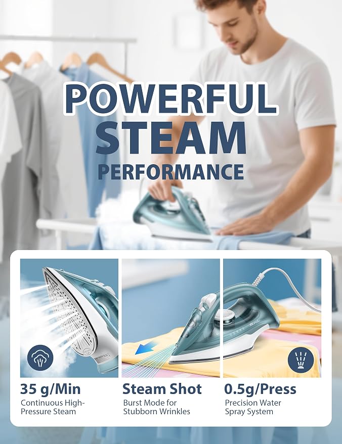 Iron Steamer for Clothes, Ceramic Soleplate, 500 Microsteam Holes, Powerful - Image 3