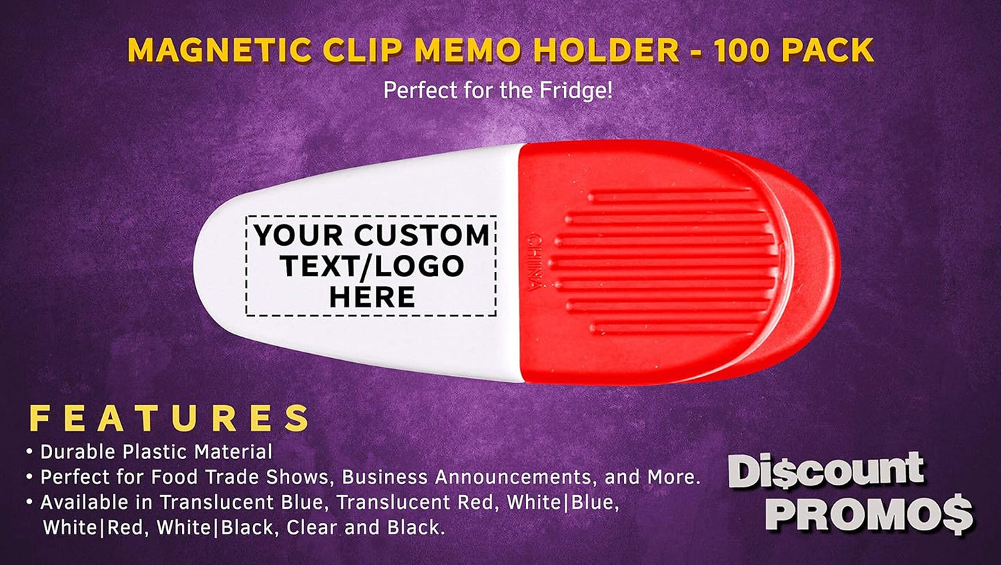 100 Magnetic Memo Holders Set - Customizable Text, Logo - Large Clip, Plastic - White Red