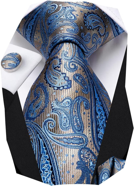 Hi-Tie Men 63inches Tie Set Extra Long Necktie Paisley Tie Pocket Suqare Cufflinks Big and Tall Men Tie