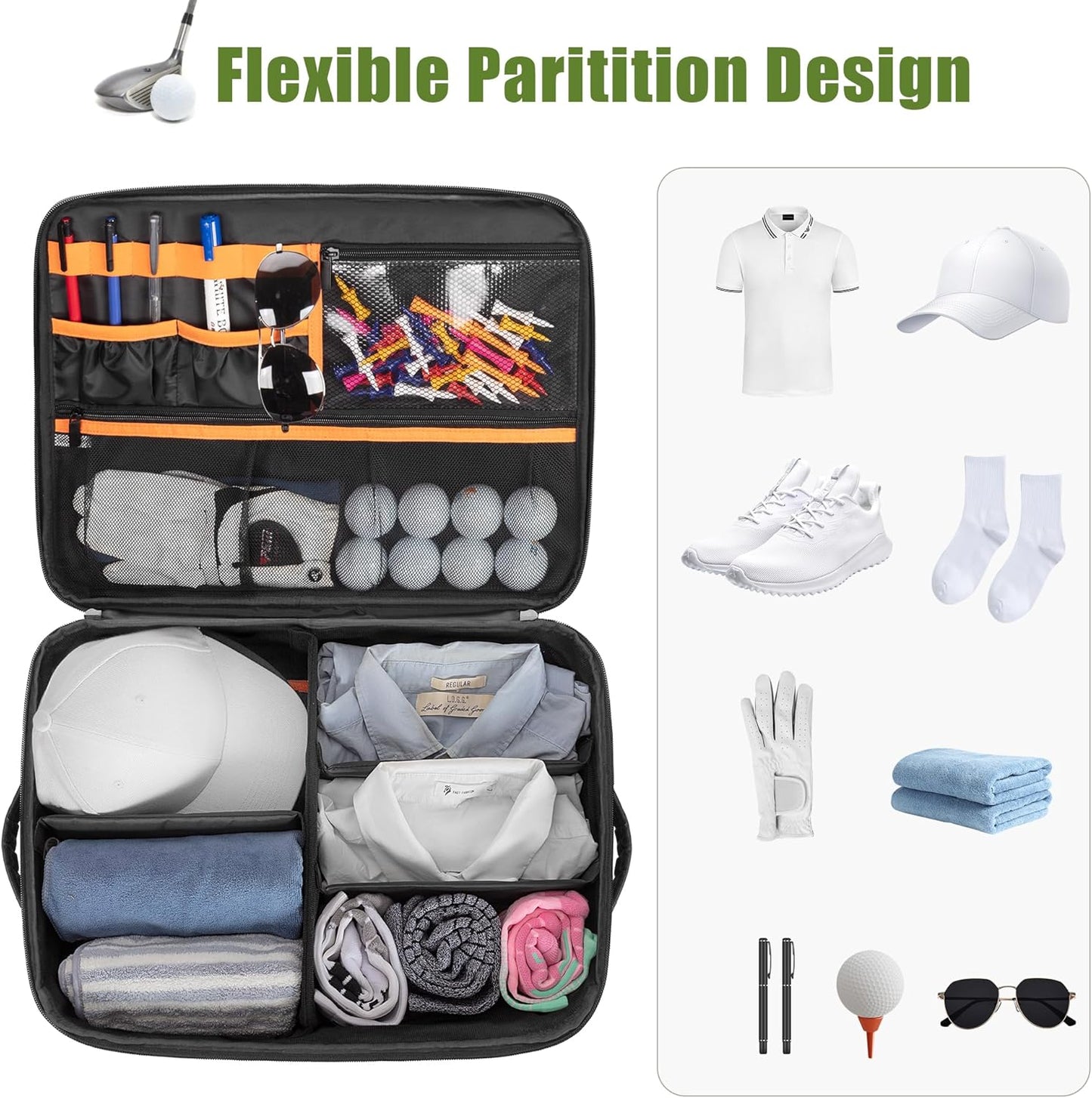 2 Layer Golf Trunk Organizer, Golf Car Storage Organizer with Individual Ventilated Compartment for 2 Pairs Shoes, Golf Car Locker for Balls, Clothes, Tees, Gloves, Accessories